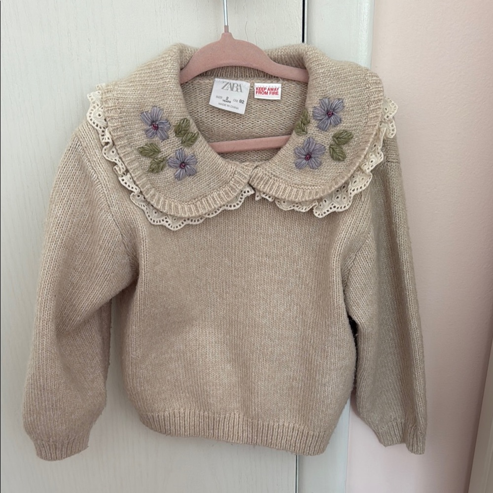 Zara Beige Embroidered Kids  Sweater